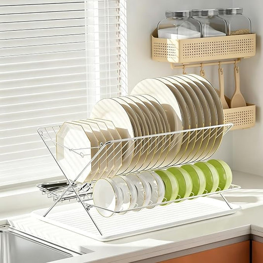 Stainless Steel Foldable Dish Drying Rack, 3 Tier Large Capacity Collapsible Folding Dish Drainer with Drainboard for Kitchen Counter (Upgraded) by TABABAO