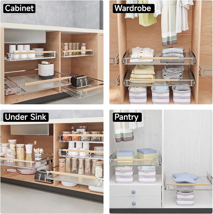 Expandable Pull Out Cabinet Organizer, 17.1"-28.1" W x 22.5" D | 1Pack, Stainless Steel Slide Out Drawers, Heavy Duty Drawer Slides, For Kitchen Pantry Cupboard Pots Pans, Adjustable Width - Image 7