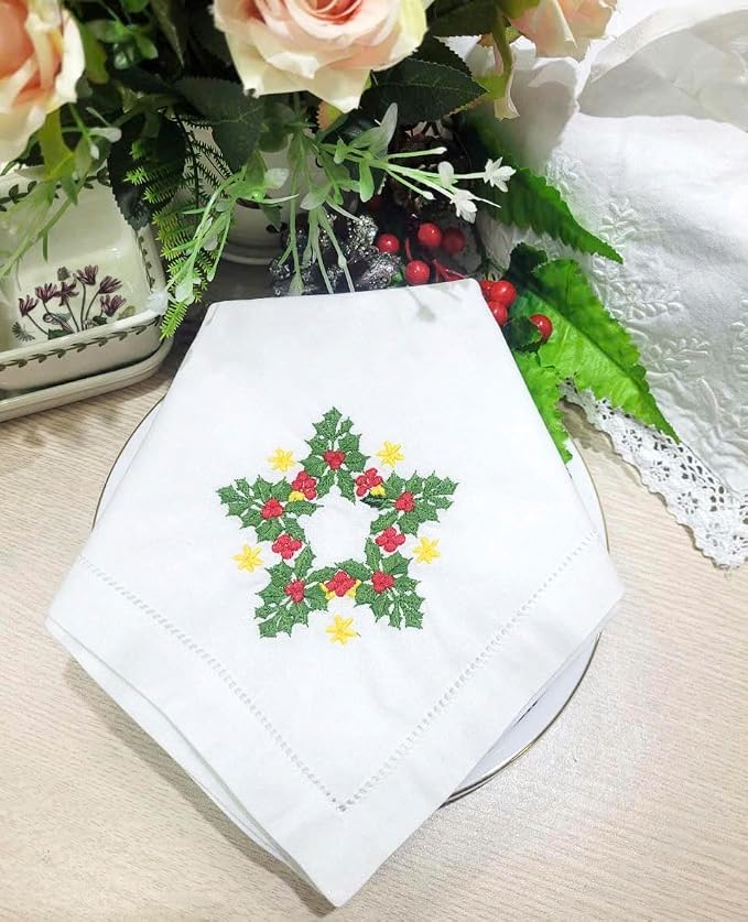 Embroidered Cloth Napkin Holly Star Christmas Cotton Napkins Set of 6, 20 x 20 Hemstitch Table Napkins, Machine Washable, Daily & Holidays, Great Gift Ideas - Image 4