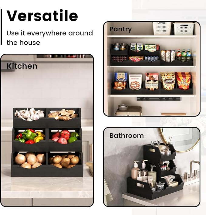 Potato Storage Bins Onion, 3 Tier Bamboo Pantry Storage Bin Stackable Ventilated Organizer for Kitchen, Pantry, Countertop, Bathroom, Black - Image 4