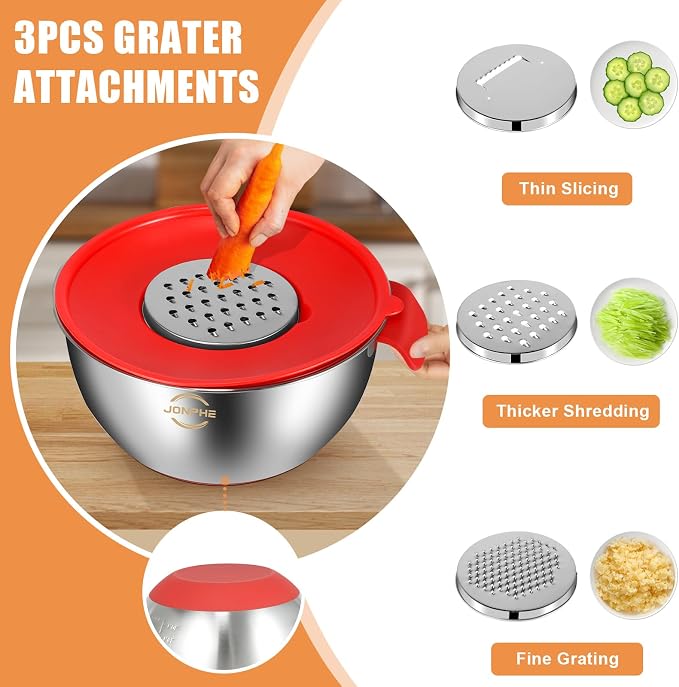 Stainless Steel Mixing Bowls with Airtight Lids, Nesting Bowls Set, 3 Grater Attachments & Non-Slip Silicone Bottoms, Size 5, 2.5, 2,1.5, 1, 0.7QT, Great for Mixing & Serving - Image 4