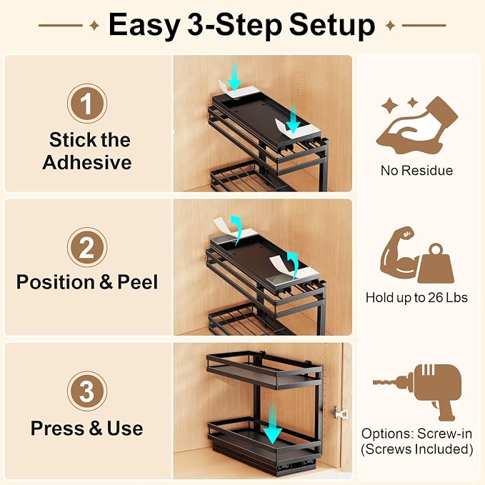 Pull Out Spice Rack - 2 Pack for Inside Cabinet with Front Lips | Peel-and-Stick No Drilling Setup, Smooth Slide Access for 1-8 Oz Spice Jars, Cabinet Storage, Daily Cooking Use, Daily - Image 5
