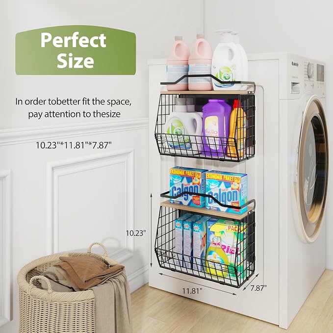 Wawocs Magnetic Shelf for Fridge with Wood Lid, 2 Tier Fruit Baskets Wall Mounted Hanging Basket with 4 Hanger Hooks, Potato and Onion Magnetic Storage Bins for Kitchen Counter, Refrigerator, Cabinet - Image 7