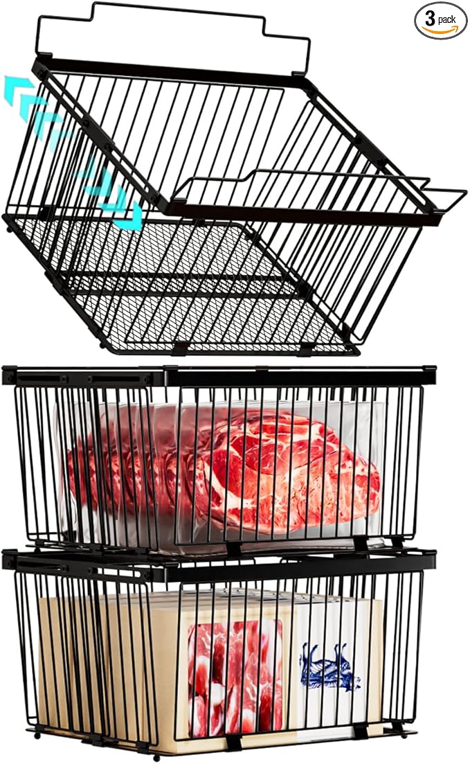Large Freezer Organizer Bins for 5 to 9 Cu.Ft,Leak-Proof Bottom，3 Pack | ANJUBANFreezer Organizer Bins, Stackable,expandable,foldable,With handle Wire Storage Container Baskets for Sort Frozen Meats by ANJUBAN