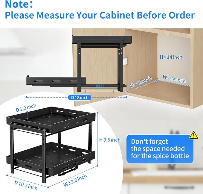 BOIVSHI Spice Organization for Cabinet, 14.1" Wx10.8 Dx9.2 H | 2 Tier Pull Out Spice Rack for Cabinet Space-saving, Vertical Spice Rack Height Adjustable, Metal Kitchen Spice Rack Cabinet - Image 3