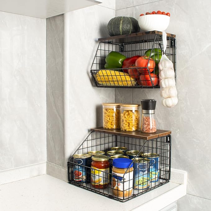 Mefirt Fruit Basket, Stackable Wall Mounted Fruit Baskets, Potato Baskets Onion Storage for Kitchen, Hanging Wire Basket with Wood Lid, 2-Tier Vegetable Organizer Kitchen Countertop Organization | Hanging Potato Basket Wire Basket with Wood Lid, 2-Tier... - Image 5