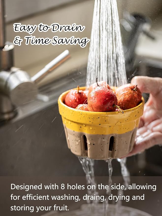 Gomakren Ceramic Berry Bowls with Holes Set of 2 for Fridge Yellow + Brown | Drain holes keep berries fresh, stackable, wash & serve, round strawberry basket for fridge kitchen counter, lovely home gift - Image 5