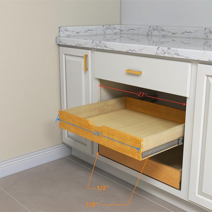 Solid Wood Pull Out Drawer 27" W × 21" D for Kitchen Cabinets, Roll Out Tray with Full Extension Slides, Natural Wood, DIY Assembly - Image 2