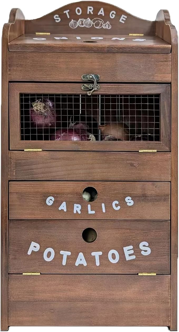 ARTAWEIN Pine Wood Veggie Bin for Potato, Onion and 1 Garlic Drawer Vegetable Box for Kitchen Storage, Solid Wood Vegetable Bin 13.77" L X 7.1" W X 29.3" H (Rustic Walnut) by ARTAWEIN