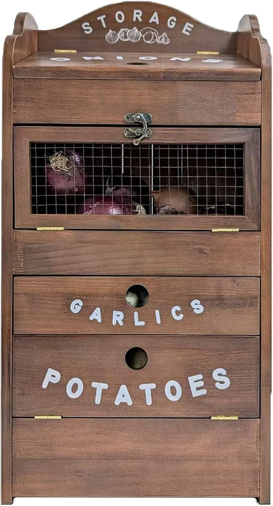 ARTAWEIN Pine Wood Veggie Bin for Potato, Onion and 1 Garlic Drawer Vegetable Box for Kitchen Storage, Solid Wood Vegetable Bin 13.77" L X 7.1" W X 29.3" H (Rustic Walnut) by ARTAWEIN