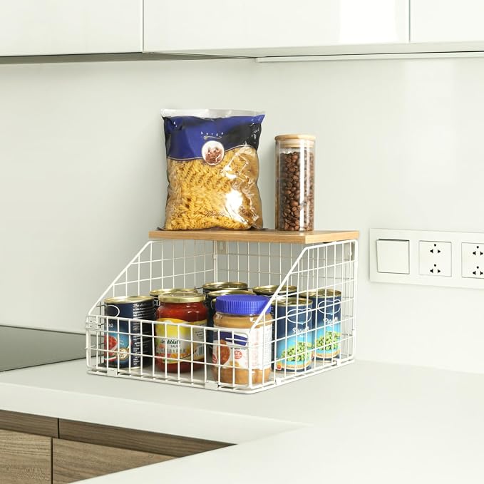 Mefirt White Fruit Bowl, 2-Tier Fruit Basket for Kitchen Counter, Stackable Wall Mounted Veggie Storage, Snack Organizer, Potato and Onion Storage Basket, Hanging Pantry Organizer with Wood Lid, 2 Set - Image 4