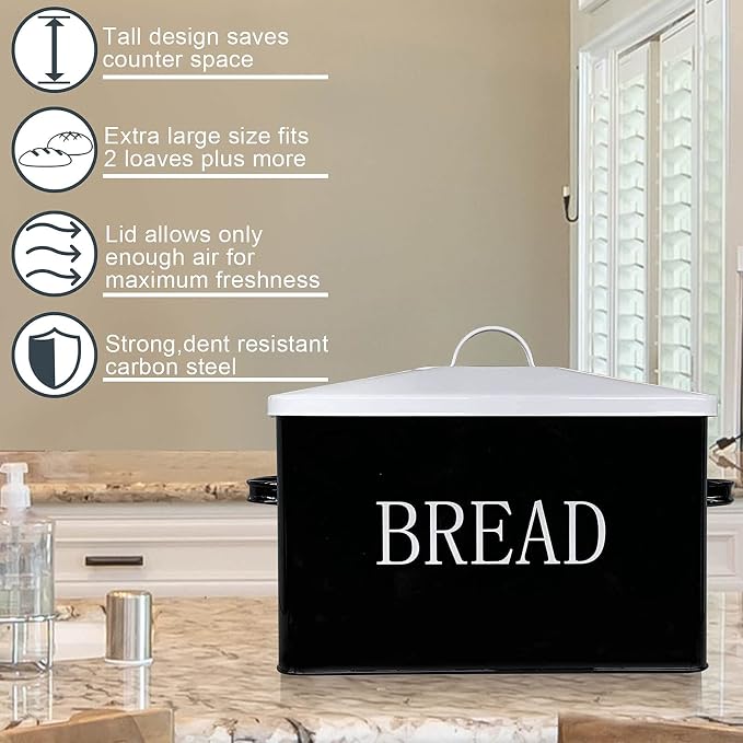 SOTECH Metal Bread Box For Kitchen Countertop,black bread box for kitchen countertop for Homemade Bread Farmhouse Style Bread Bin-Kitchen Food Bread Storage Container - Image 4