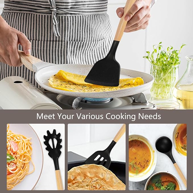 Cooking Utensils Set,19 Kitchen Set Utensils Set with 11 Pieces Spatula Cooking Utensils,Heat Resistant Silicone Utensils 6 Piece Sharp Knife Set 2 Pieces Utensil Cutting Board (Black 19 PCS Set) - Image 4