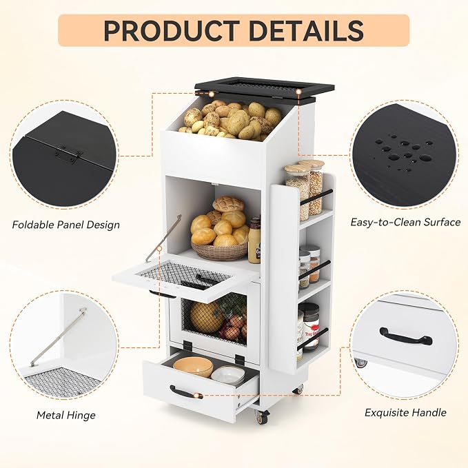 Verano Garden 16.0" Potato and Onion Storage Bin on Wheels, Bread Box | Fruit and Vegetable Organizer, Rolling, Side Rack, Flip-top, Mesh Doors, 4-Tier, Grocery Section, Ventilated, Wood, Kitchen - Image 6