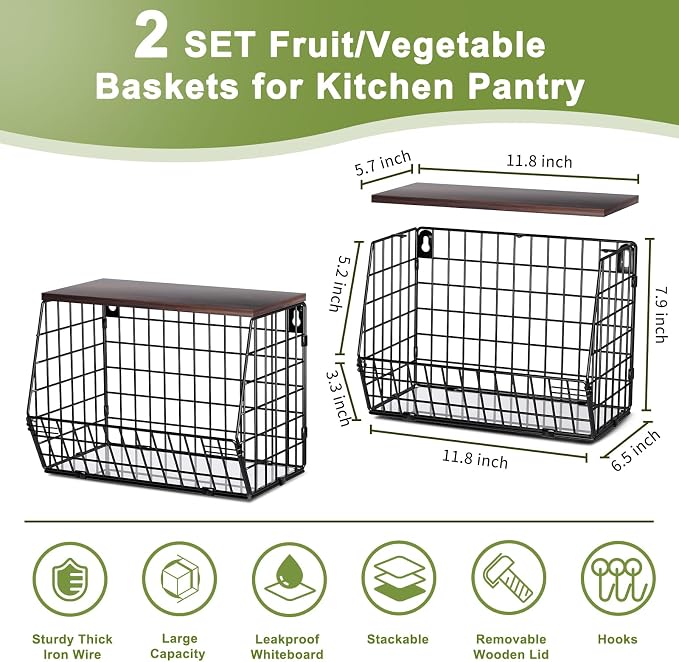 Wawocs Fruit Basket for Kitchen Counter 2 Tier Fruit Bowl, Stackable Wall Mounted Hanging Fruit Basket Wire Baskets with Wood Lid with 4 Banana Hanger Hooks, Onion Basket, Fruit and Vegetable Storage - Image 8