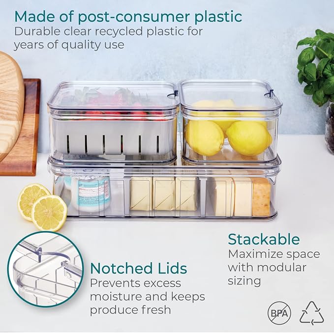 iDesign Crisp 3-Piece Recycled Plastic Refrigerator Organizer Bin Set with Lids, Clear/Gray - Image 4