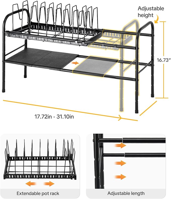 HULISEN Pots and Pans Organizer Under Cabinet, 2-Tier Expandable Pot Rack | 10 Dividers for Lid Separation, 5-Level Adjustable Height, Kitchen Cookware Pan Holder Shelf, Carbon Steel Frame - Image 2