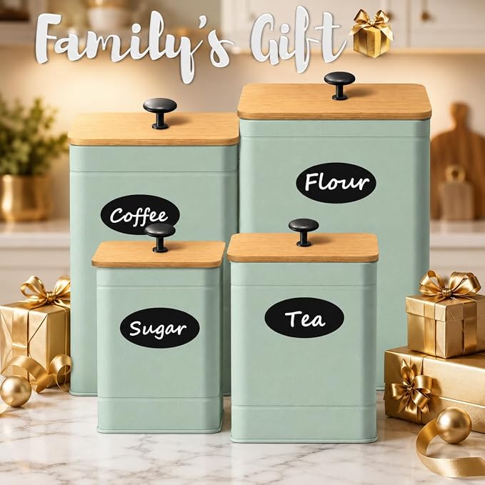 Kitchen Canister Set of 4, Sage Green Airtight Metal Flour Sugar Containers | 4 Practical Capacities, Flat Bamboo Lids, Wide Openings, Reusable Chalkboard Labels & Marker, Countertop and Pantry Organized - Image 7