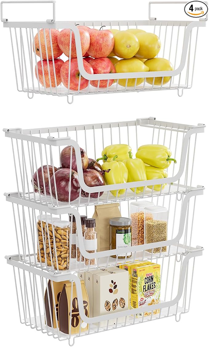 4 Pcs Stackable Wire Baskets for Pantry Organizers and Storage, White | Metal Baskets with Handles,Produce Potato Onion Storage Bin,Vegetable Fruit Basket for Countertop, Kitchen Storage by XILIDIA