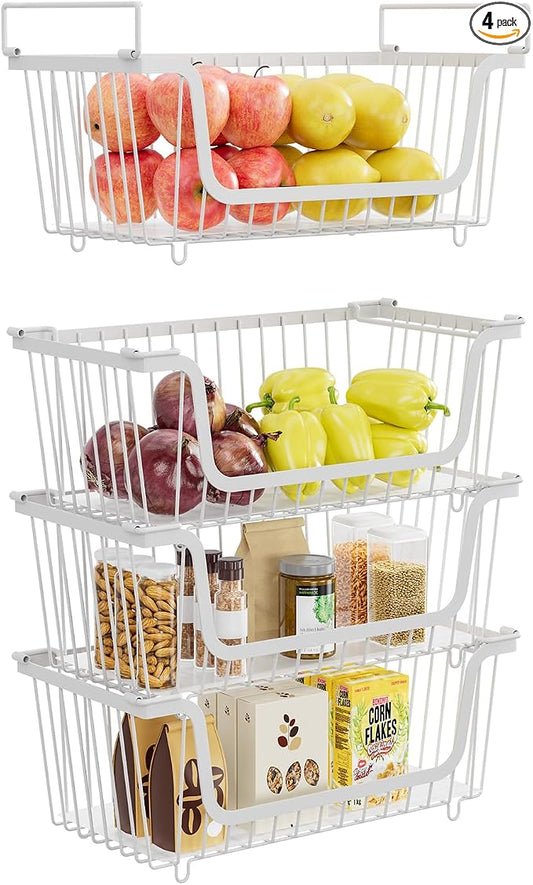 4 Pcs Stackable Wire Baskets for Pantry Organizers and Storage, White | Metal Baskets with Handles,Produce Potato Onion Storage Bin,Vegetable Fruit Basket for Countertop, Kitchen Storage by XILIDIA