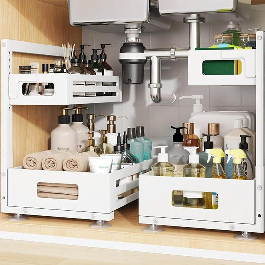 2 Pack Under Sink Organizer,Pull Out Cabinet Organizer With Smooth Cylindrical Rail,Metal Slide Out Drawer for Kitchen Bathroom Laundry Cabinet,8-Level Tool Free Height Adjustable-White by UnderSinkOrganizer