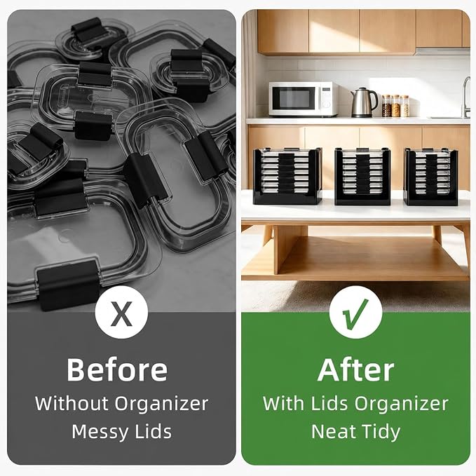 3PCS Food Container Lid Organizer Fit for Rubbermaid Brilliance Nap-on Lids | Black Acrylic Stackable Lid Holder Rack, Holds 24 Lids, Fits 0.5, 1.3, 3.2 & 4.7 Cup Lids, Stackable Kitchen Storage - Image 4