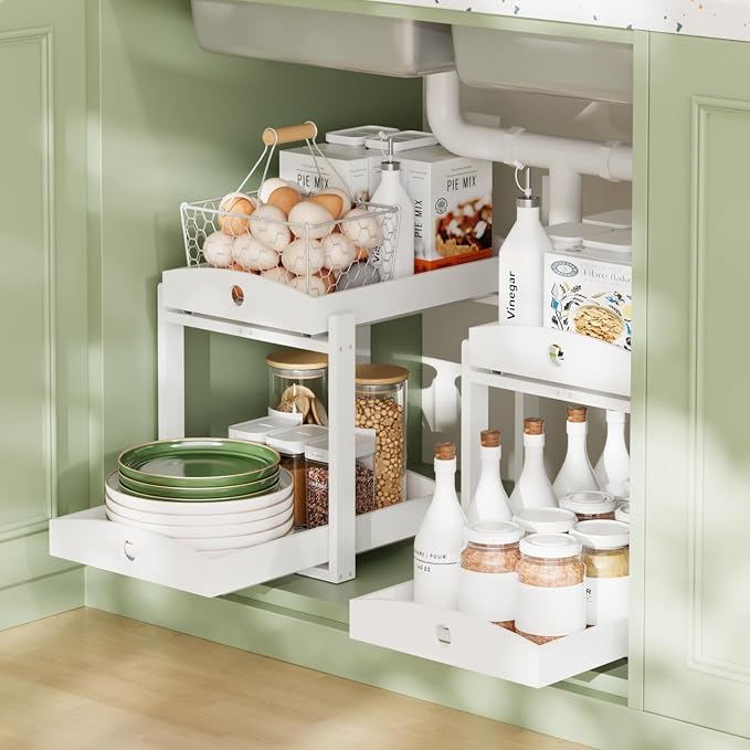 2 Pack Bamboo Under Sink Organizer, 2-Tier Sliding Drawers for Cabinets | Pull-out drawers keep cleaners and tall bottles visible, organized and easy to reach in kitchen or bathroom cabinets by HEALTHYYOU