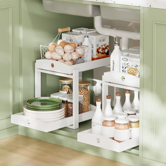 2 Pack Bamboo Under Sink Organizer, 2-Tier Sliding Drawers for Cabinets | Pull-out drawers keep cleaners and tall bottles visible, organized and easy to reach in kitchen or bathroom cabinets by HEALTHYYOU