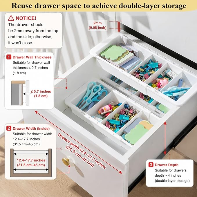 6 Pcs Expandable Drawer Organizer Bins Adjustable Deep Drawer Hanging Organizer Tray Expandable 11.4 to 18.1 Inches Plastic Dividers Storage for Office Bathroom Bedroom Kitchen Desk, White - Image 4