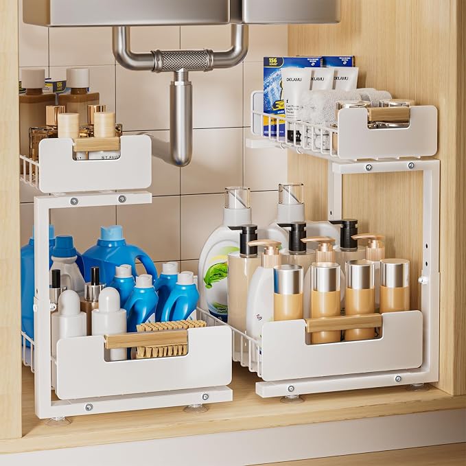 Delamu 2-Pack Under Sink Organizer, 2 Tier Pull out Under the Kitchen Sink Storage, Slide out Cabinet Organizer Shelf, Metal Sliding Drawer for Bathroom Pantry Closet Organization Rack, White by DELAMU