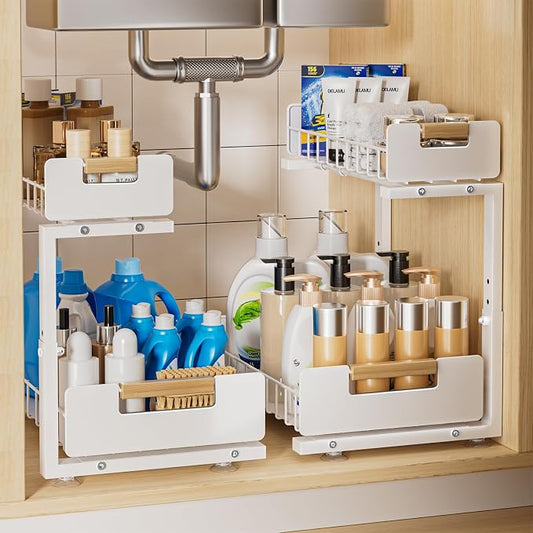 Delamu 2-Pack Under Sink Organizer, 2 Tier Pull out Under the Kitchen Sink Storage, Slide out Cabinet Organizer Shelf, Metal Sliding Drawer for Bathroom Pantry Closet Organization Rack, White by DELAMU