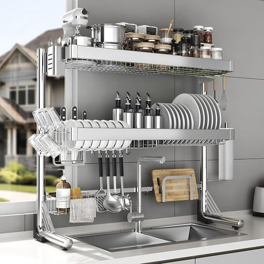 Over The Sink Dish Drainer Drying Rack 3 Tier, Full Stainless Steel Dish Drying Rack Adjustable Length 20.9''-37.4'', Kitchen Sink Shelf, Organized Space-Saving Dish Rack by CUISIBOT