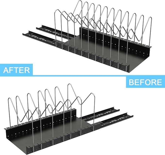4 Adjustable Dividers Pull Out Pots and Pans Organizers | Optional Dividers Sliding Pot Lid Holder in Kitchen and Slide Out Cabinet Storage of Lids, Bakewares and Pots - Image 2