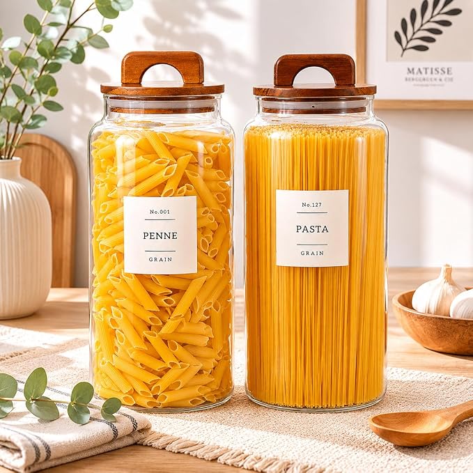 2 Pack Large Glass Flour and Sugar Containers with 132 Pantry Labels - 105 FL OZ Glass Canisters with Bamboo Airtight Lids - Farmhouse Kitchen Glass Pantry Jars for Cookie, Rice, Pasta, Cereal, Salt - Image 6