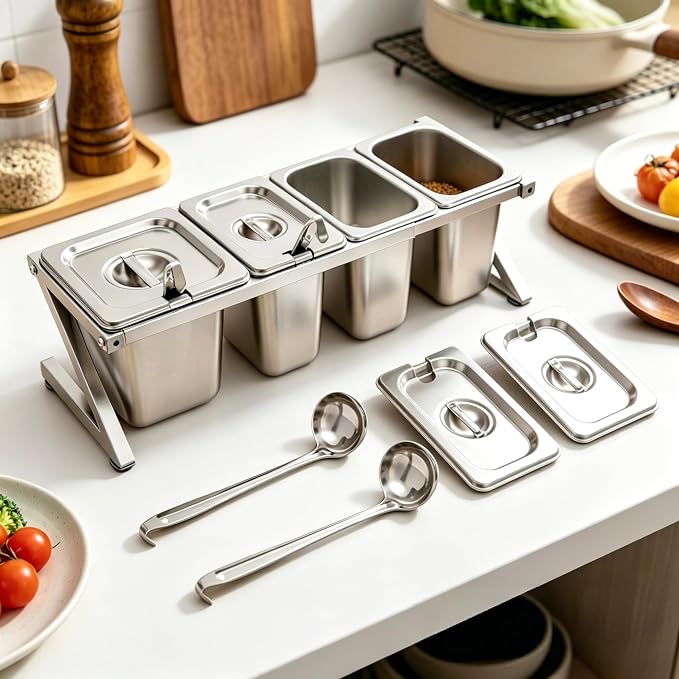 Telescoping Pizza Topping Station Container Food Prep Condiment Holder | Stainless Steel Container Set Spice Rack with 4 Pans & 4* Spoons & Lids, Food Truck Kitchen Buffet Pizza Oven Accessories - Image 6