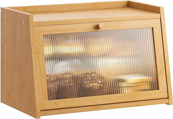 GHWIE Large Bread Box, Easy Access & Cleaning - Bamboo Bread Box for Kitchen Countertop with Acrylic Door (Natural, Medium) by GHWIE