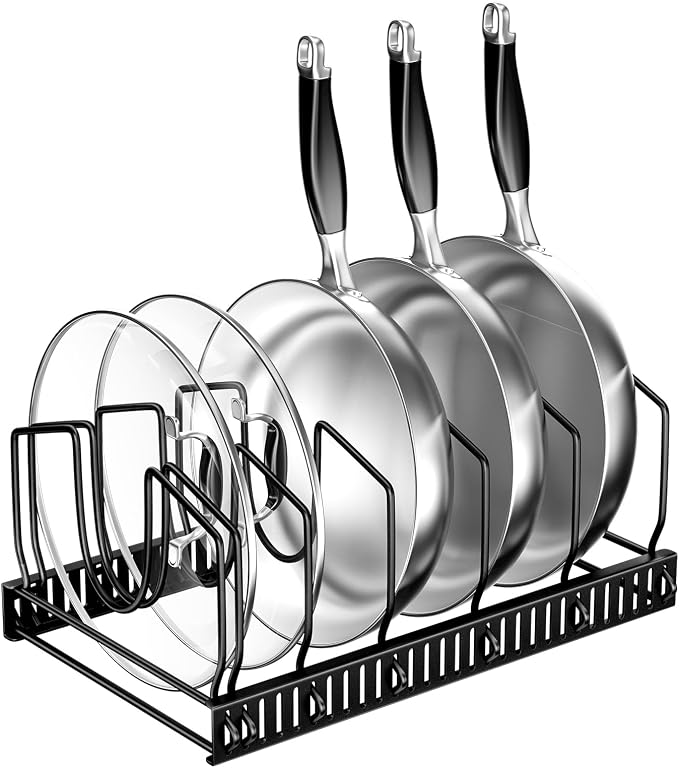 Fousenuk Pot Lid Storage Pan Organizer with 7 Adjustable Compartments, Adjustable Pan Holder, Pan Organizer, Kitchen Pot Storage for Drawer (Black) by Fousenuk