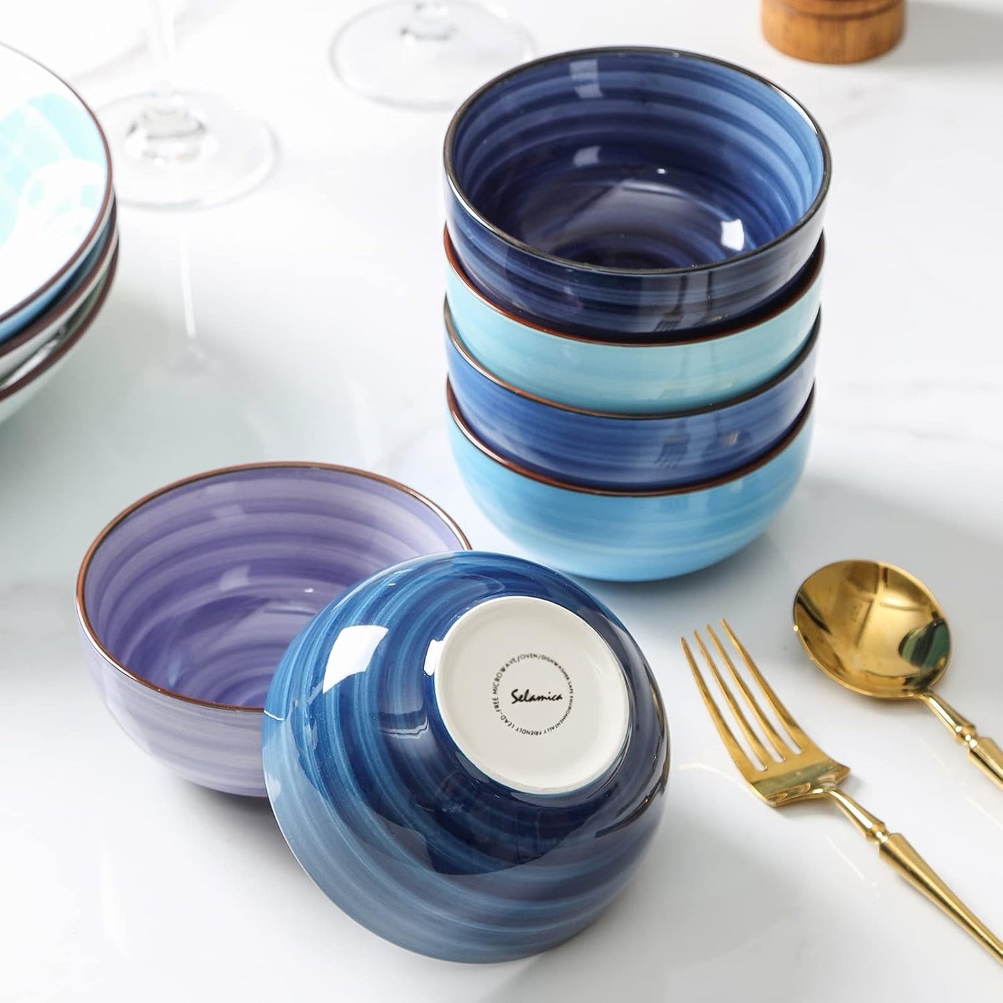 Selamica Ceramic 24 Oz Cereal Bowls Set, Deep Soup Bowls, 5.9 Inch Porcelain Kitchen Bowls for Pasta Salad Dessert Oatmeal Ramen, Microwave Dishwasher Safe, Set of 6, Gradient Blue