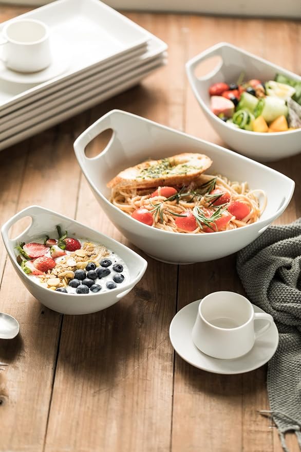 Gomakren Serving Bowls with Handles, Serving Dishes, Porcelain Salad Bowls Mixing Bowl for Entertaining, Nesting Bowl Set of 3, Microwave Dishwasher Safe, 15/28/47 oz, White | Set of 3 - 15/28/47oz, Multi-Size Nesting Bowls, Microwave Dishwasher Safe, ... - Image 4