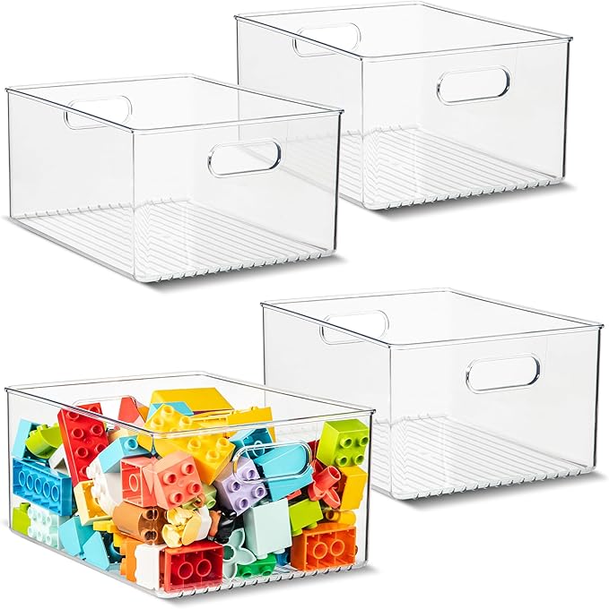primebox 4 Pack Clear Plastic Organizer Bins with Handles for Home Organization. Storage Containers for Organizing Fridge, Freezer, Cabinet. Pantry, Great for Kitchen, Garage, Laundry Room. 10"x8"x5" by primebox