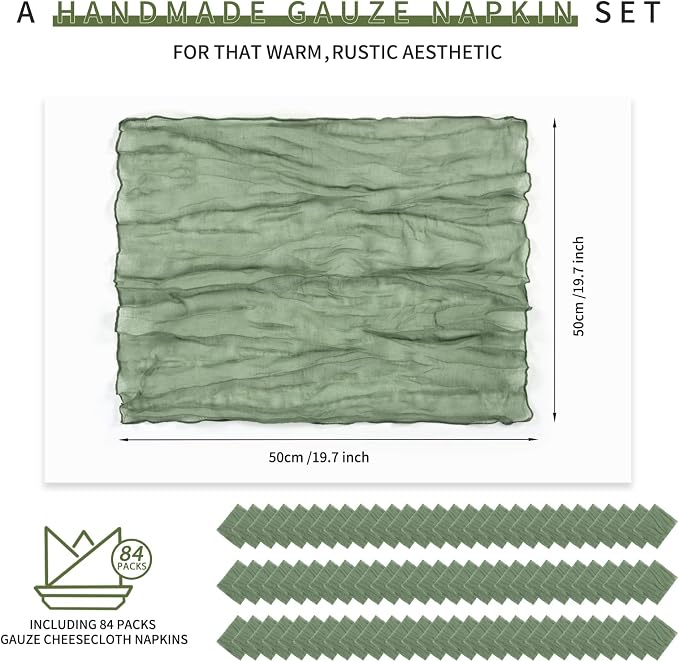 84 Pack Sage Green Cheese Cloth Napkins Gauze Napkin Cloth Bulk Set of 84 Washable Boho Dinner Table Napkins for Wedding Party Baby Shower Birthday Party Decorations，20 x 20 Inch - Image 2