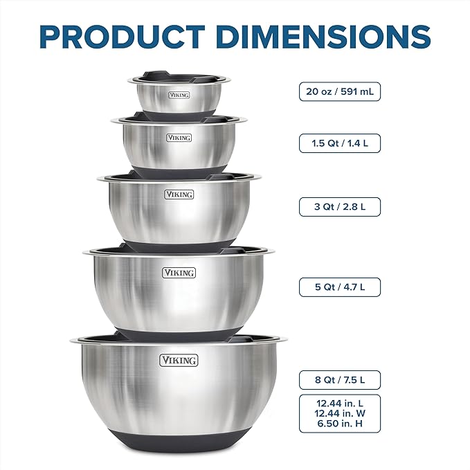 Viking Mixing Bowls Set, 10 Piece Stainless Steel Kitchen Cookware, Non-Slip Silicone Base, Includes Tight Fit Lids, Dishwasher Safe, Black - Image 5