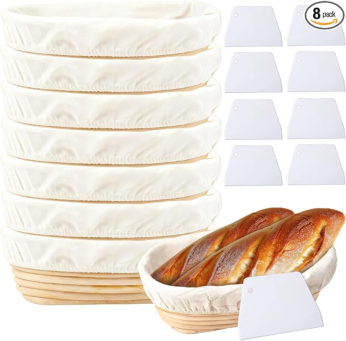 8 Sets Bread Proofing Baskets Bulk Banneton Bread Proofing Basket with Cloth Liners and Dough Scrapers Natural Rattan Banneton Sourdough Bowl Basket for Bakers(10 Inch) by Unknown