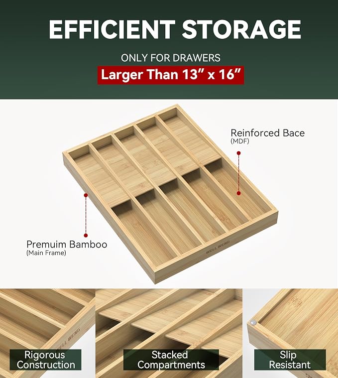Silverware Drawer Organizer for Kitchen Utensil,Bamboo 10 Slot | 16”Dx12.3”Wx1.7”H, Vertical Storage, Cutlery Tray Dividers for Spoons Forks Knives - Image 4