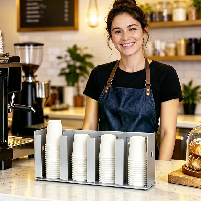 4 Compartments Stainless Steel Cup Dispenser | Adjustable Divider Organizer for Cups and Lids for Kitchen Coffee Bar Restaurant and Office Breakroom - Image 2