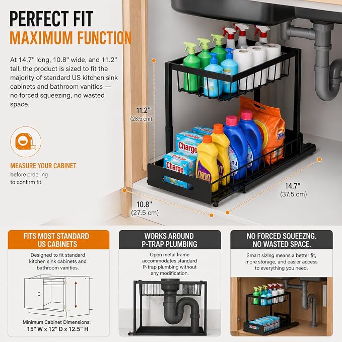 Highline Supply Under Sink Organizer, Kitchen Pantry Bathroom Organization | 2-Pack Organizer, Sliding Pull-Out Cabinet Organizing Rack, Metal Made for Durability, Black - Image 4