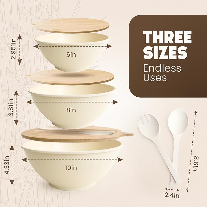 Bamboo Eco Salad Bowl Set - Set of 3 Salad Bowls Large with Seal Lid & Serving Utensils - Bamboo Fiber Bowl Set Perfect for Mixing, Serving, and Storage - Cream White - Image 2
