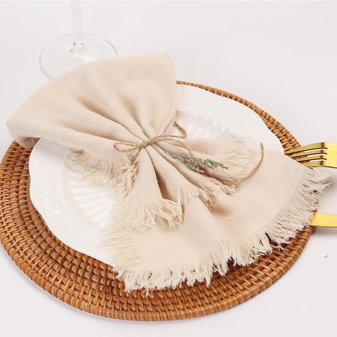Handmade Cloth Napkins with Fringe,18 x 18 Inches Cotton Linen Napkins Set of 12 Versatile Handmade Square Rustic Fringe Napkins for Dinner, Wedding and Parties, Cream - Image 2