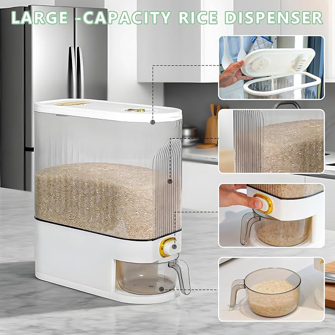 Rice Storage Container 10kg, Clear Food Grain Dispenser with Date Dial & Measuring Cup, Space-Saving Organizer for Rice, Cereal, Pet Food, Pasta - Image 6
