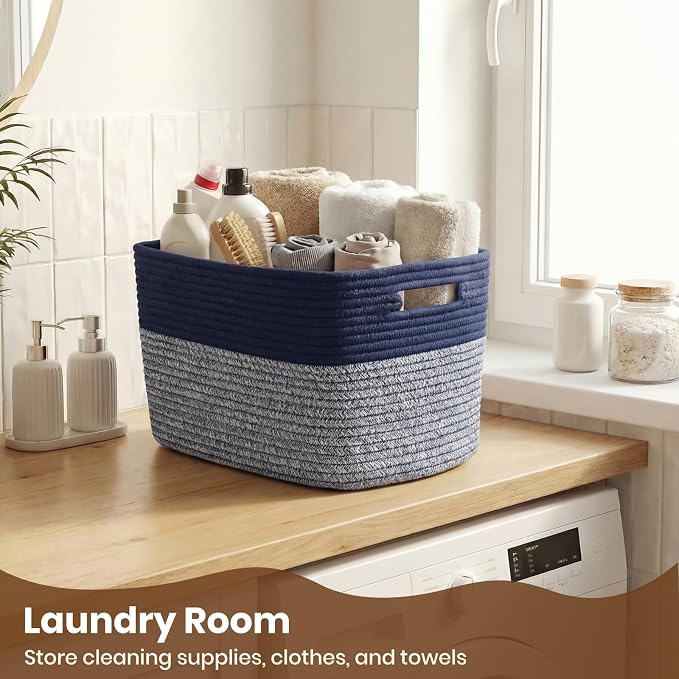 Storage Baskets for Organizing, 14 x 10 x 9” Closet Shelf Woven Baskets, Square Bins with Handles, Cotton Rope Basket for Clothes, Office, Room, Grey+Blue 1 Pack - Image 6